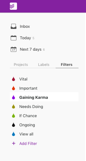 Living Creatively with Fibro | Todoist Filters Vital, Important, Gaining Karma, Needs Doing, If Chance, Ongoing