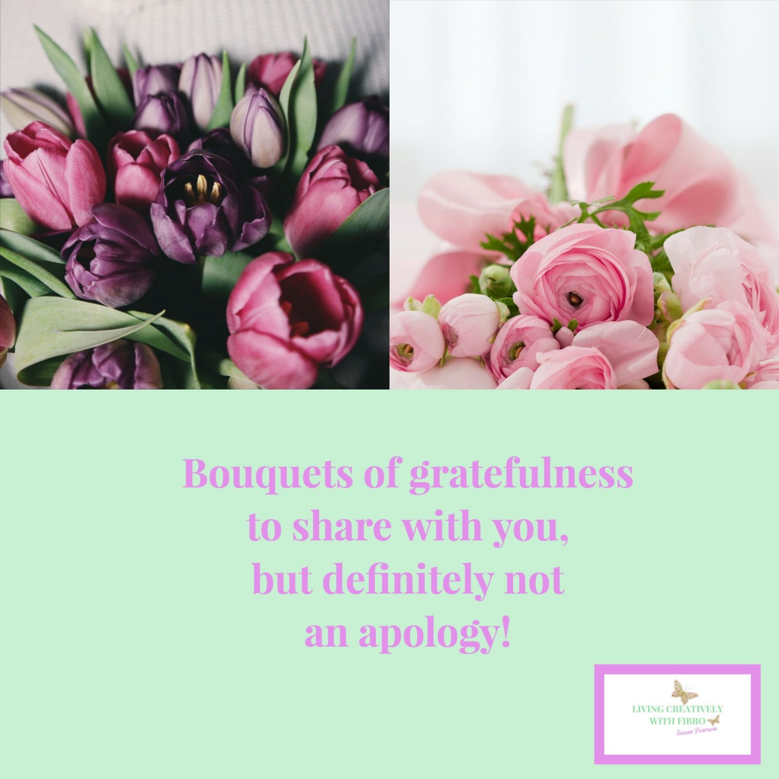 Living Creatively with Fibro | An image of bunches of flowers with the caption Bouquets of Gratefulness to share with you but definitely not an apology!