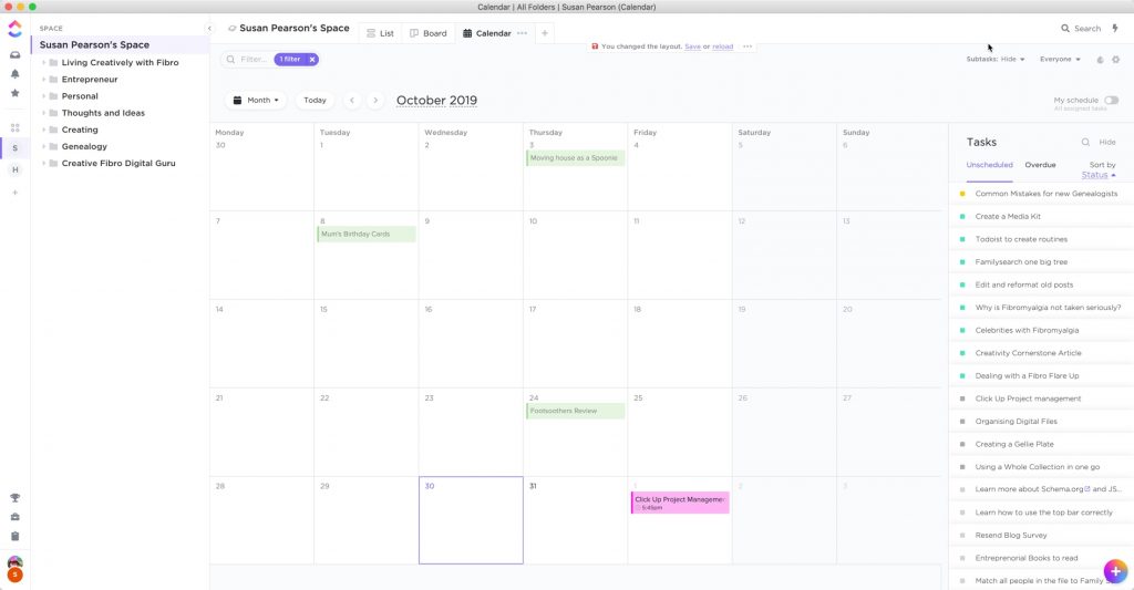 ClickUp showing the calendar view.