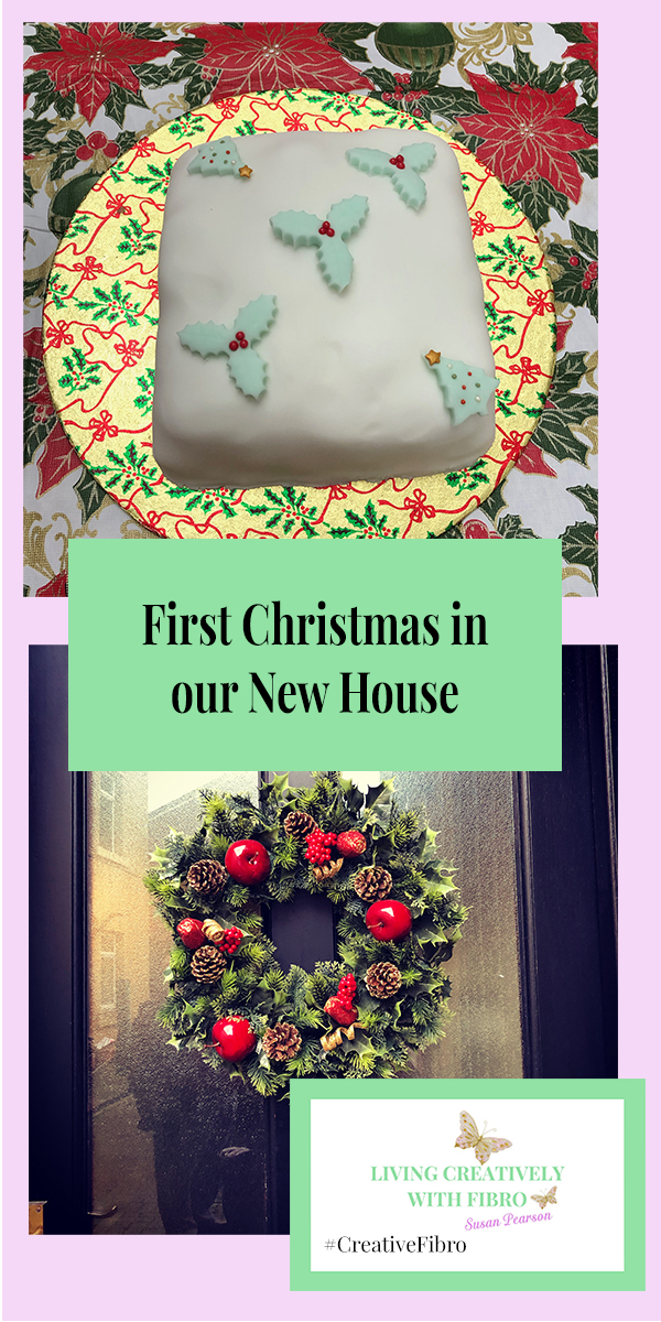Pinterest sized image featuring our front door with a wreath on it and our Christmas cake I baked.