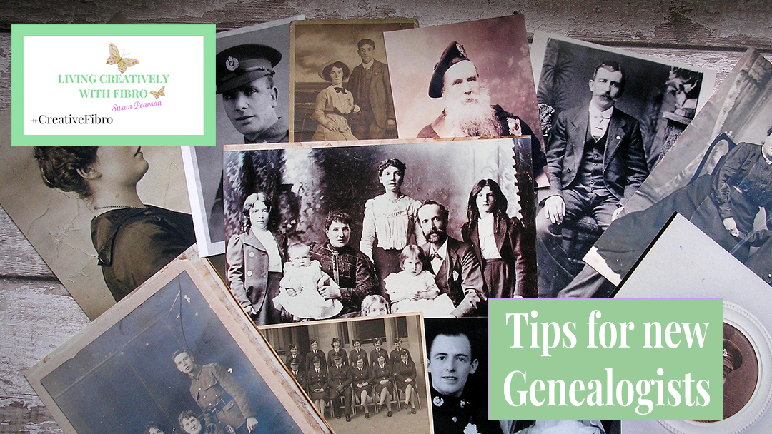 Tips for New Genealogists post header with an image of several old photographs of families