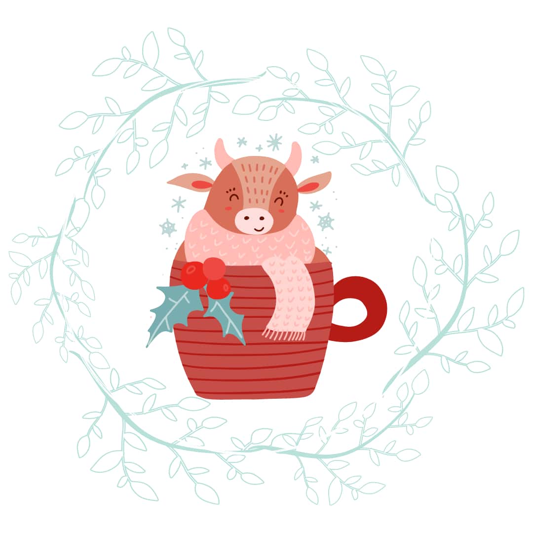 Cosy Christmas Instagram sized image of an animal wrapped up in a scarf and sat in a mug. With holly and mistletoe decoration.