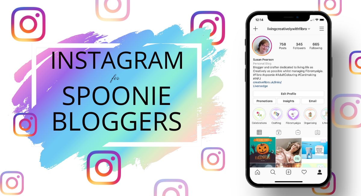 A background of Instagram logos with an image of an iPhone with my Instagram feed and the title on a rainbow background