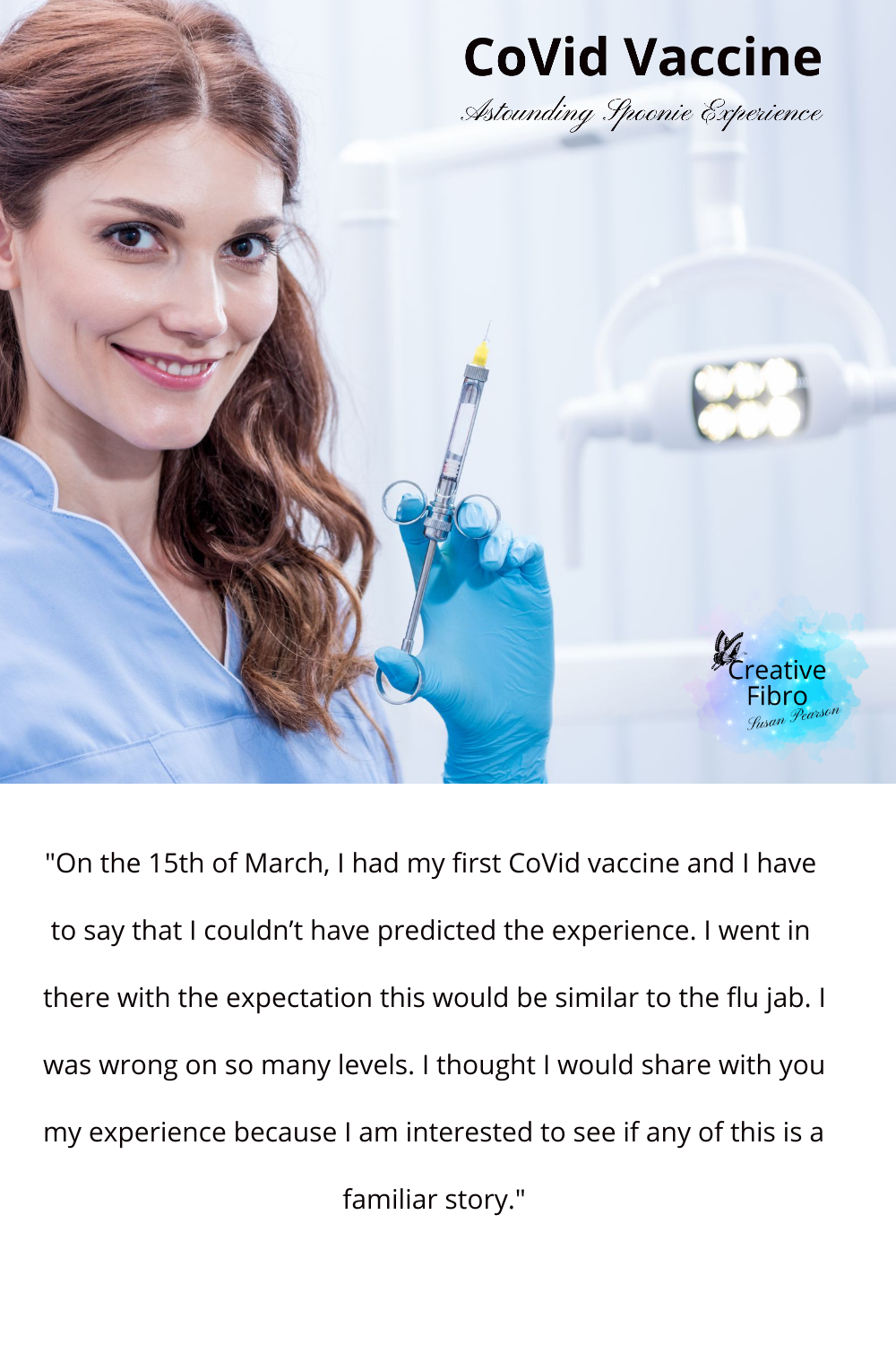 CoVid Vaccine Pinterest graphic with the header image of a nurse with a syringe and the first paragraph of the post. 