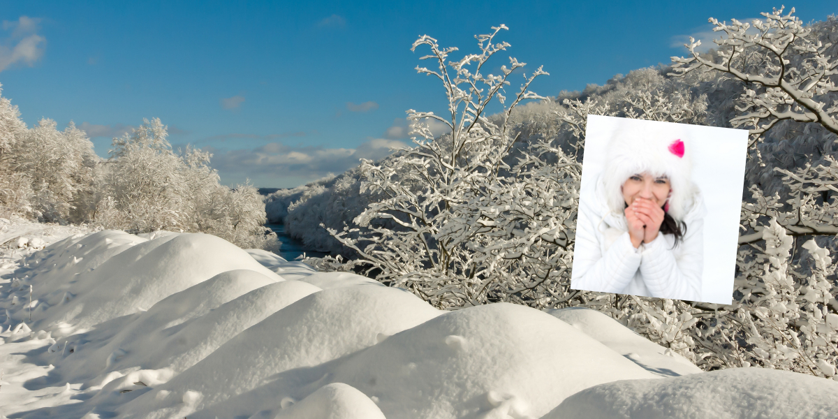 An image of a winter scene and a woman wrapped up warm.