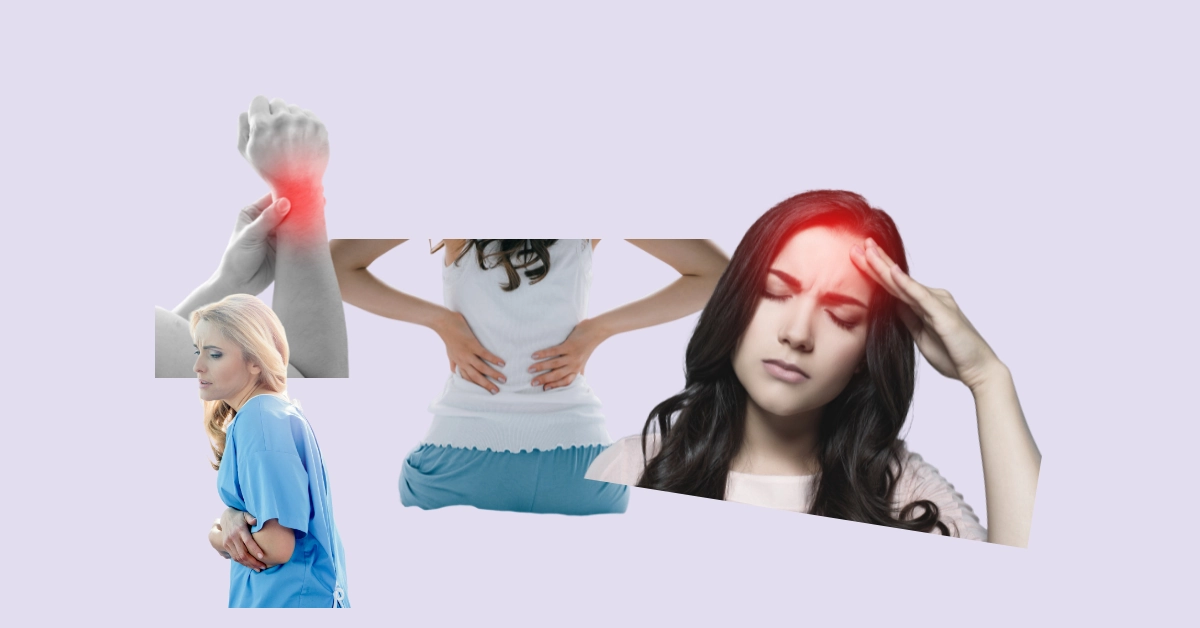 Collage of women showing fibromyalgia symptoms: wrist pain, lower back ache, headache, and fatigue with red glow highlights on a lavender background.
