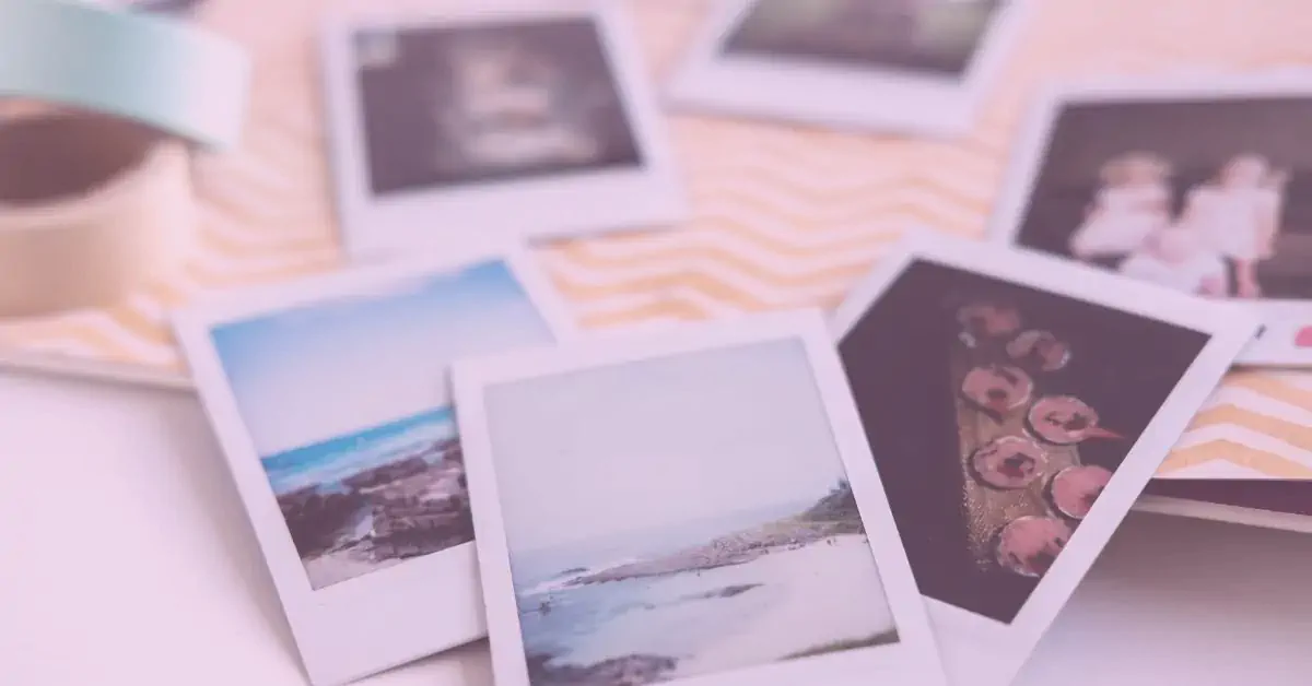 Collection of scattered Polaroid-style photos on a pastel chevron background with washi tape – perfect visual introduction to starting digital scrapbooking layouts and memory keeping.