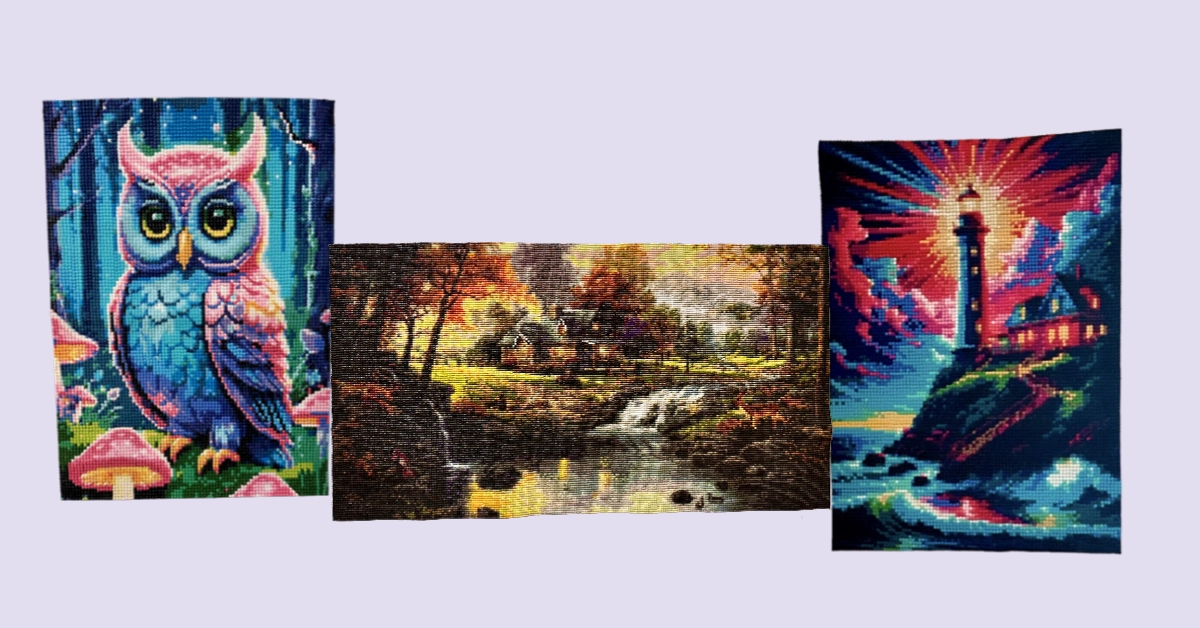 Three diamond paintings: blue owl with mushrooms, autumn landscape & glowing lighthouse on purple background.