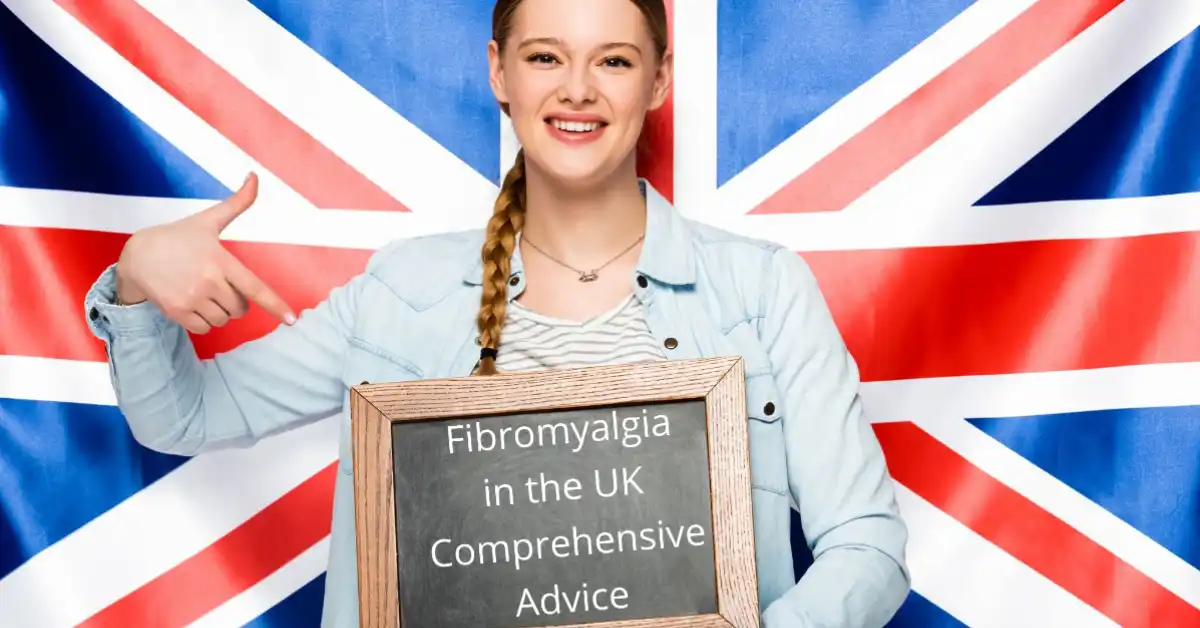 Smiling woman holds 'Fibromyalgia in the UK Comprehensive Advice' sign against Union Jack flag.