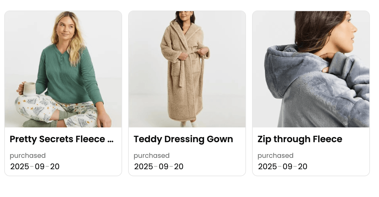 Screenshot of three recently purchased cosy loungewear items in my home inventory app: green Pretty Secrets fleece pyjamas, beige teddy dressing gown, and grey zip-through fleece hoodie – all bought 20 September 2025.