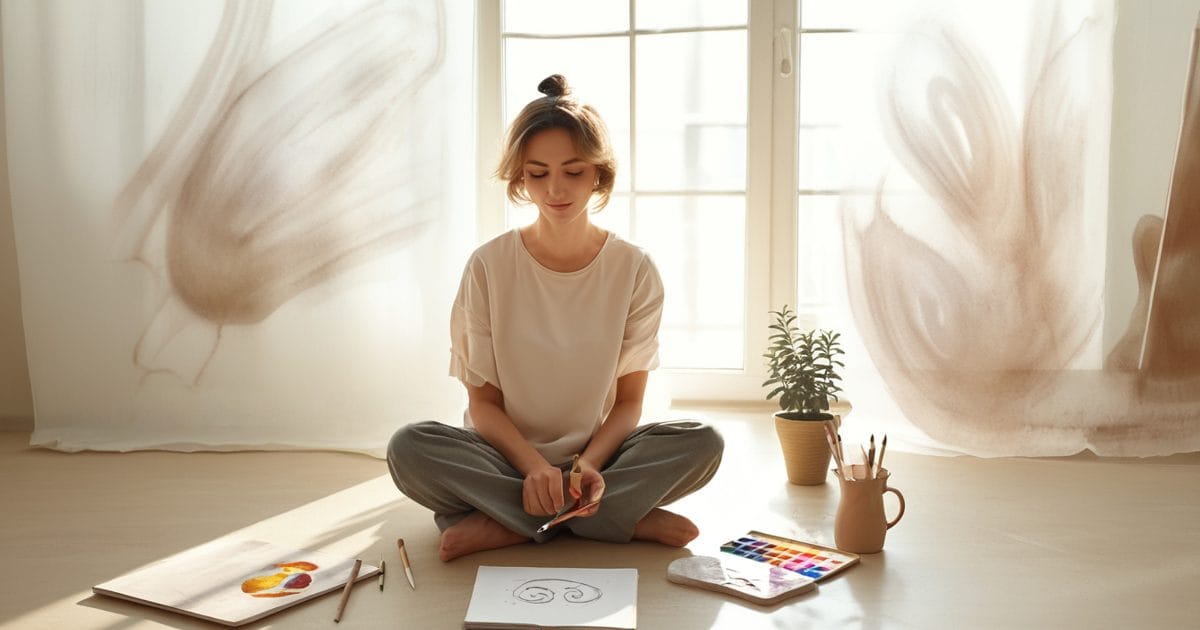A (sorry but AI generated) woman sat on the floor in an airy room surrounded by art materials