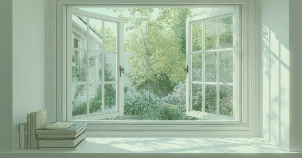 Open white window looking onto a peaceful sunlit garden with greenery and flowers, stack of books on the sill – symbolising the healing power of recovery time and rest when living with fibromyalgia.