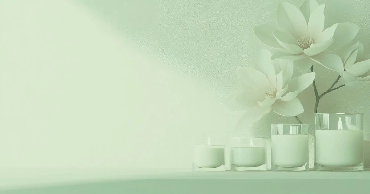 Pale green magnolia flowers in vase beside four lit candles on mint shelf, evoking calm reflection while dealing with loss.